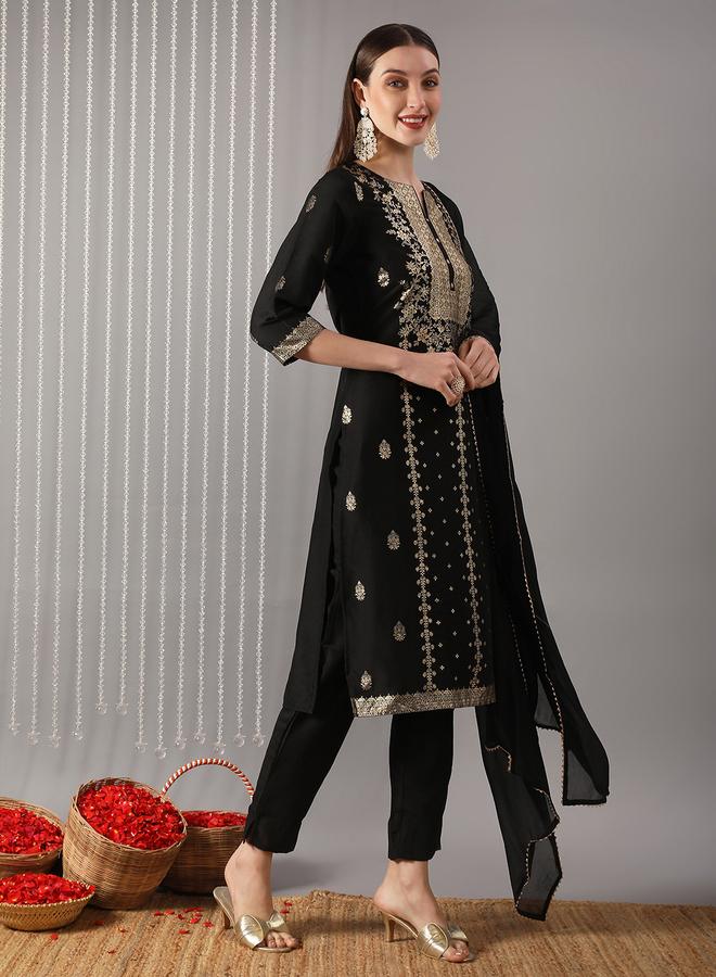 globus Women Black Ethnic Print Straight Kurta with Pant and Dupatta Set - Image 1